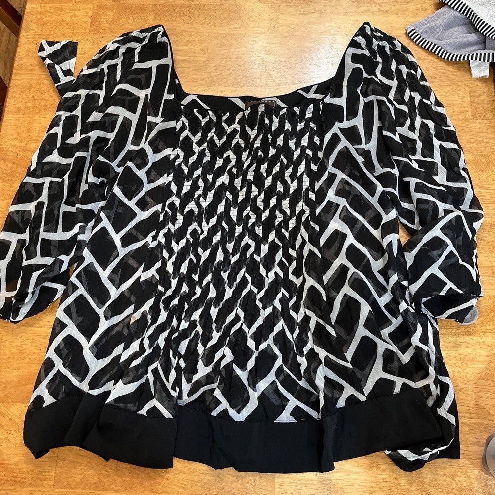 Trulli Black White Geometric Smocked Blouse Square Neck Sheer Top XL